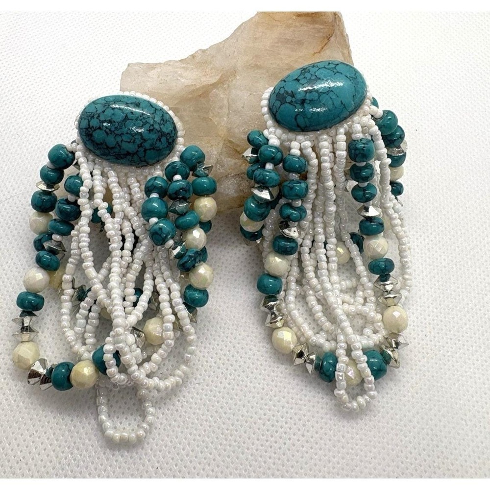 Vintage Faux Turquoise Plastic‎ Beaded Chandelier Earrings White Boho 3" Retro